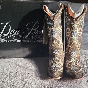 Dan Post Brown Leather Western Boots with Blue & Cream Embroidery